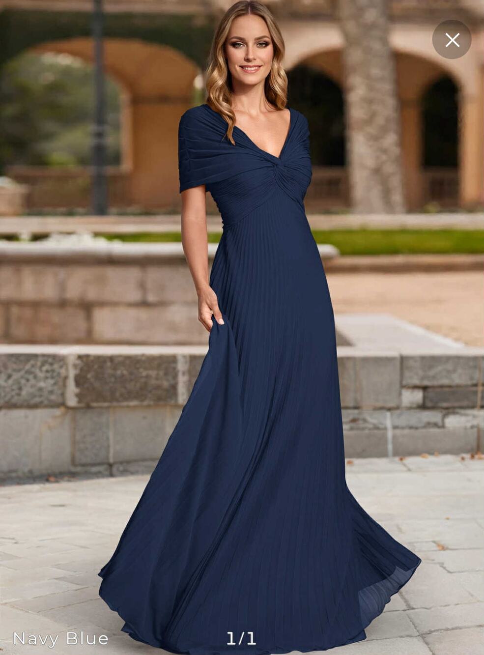 Rickie Freeman Teri Jon Navy Blue Pleated Chiffon  Sleeve Formal Evening Gown 8